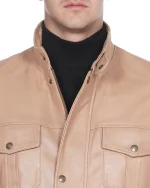 کاپشن چرم یقه ایستاده کرم NL2 - Image 4