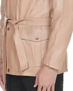 کاپشن چرم یقه ایستاده کرم NL2 - Image 3